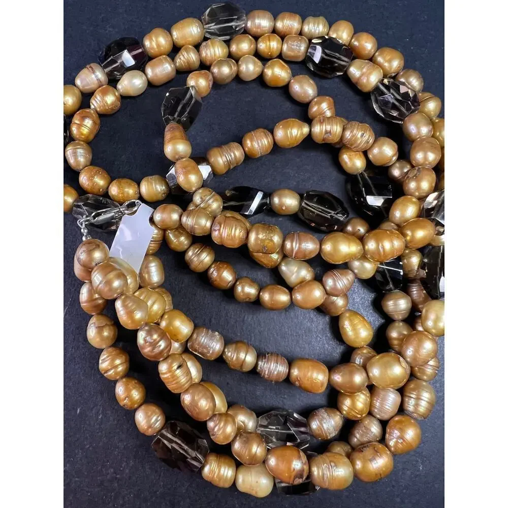 NEW smoky quartz and pearl multi strand necklace with sterling silver clasp